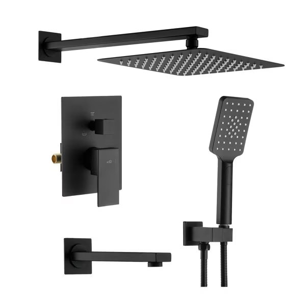 Cube Pressure Balanced 3-Function Shower System with Rough-In Valve, Matte Black, Kibi, Mfr#: KSF406MB